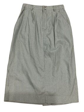 Vtg Lizsport Houndstooth Cotton Pleated Midi Skirt Size 8 Green White Pockets